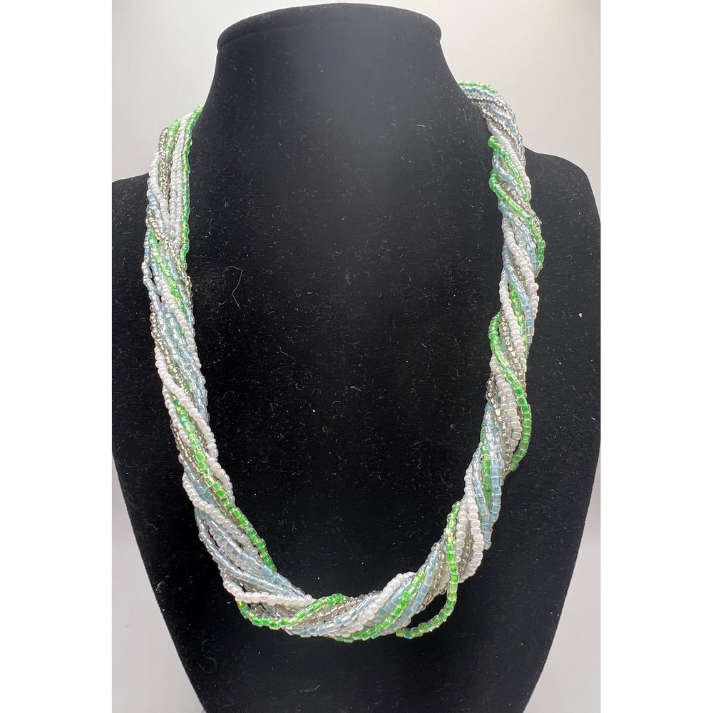Blue‎ Green Multi Strand Torsade Beaded Necklace Pastel Twist Seed Bead 18 Inch